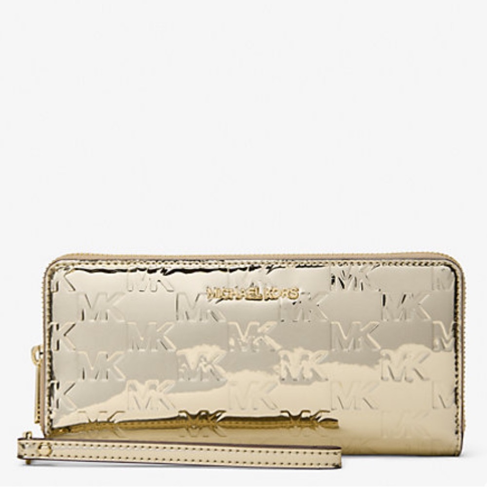 MICHAEL KORS Jet Set Lg Metallic Logo Debossed Continental Wallet Wristlet Phone